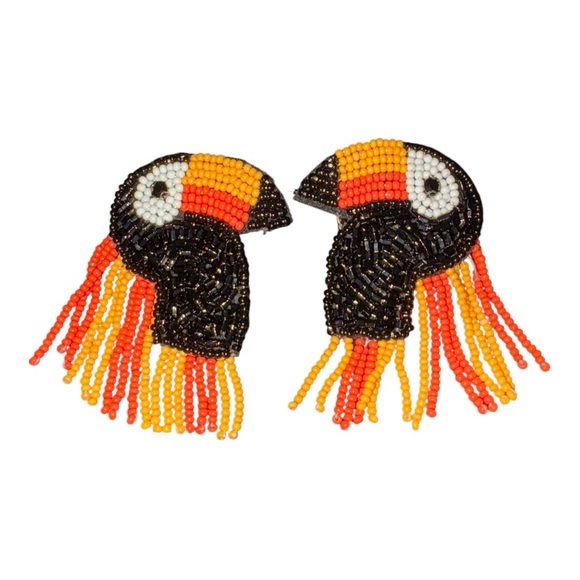 Beaded Toucan Fringe Statement Earrings Tropical Colorful Bird J23 - Picture 2 of 4